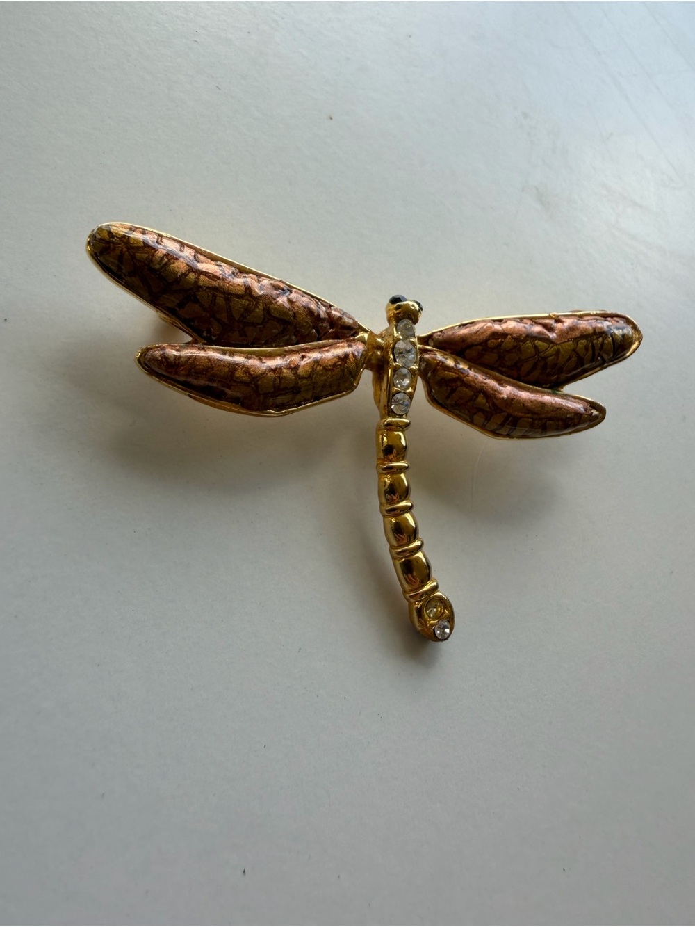 Gold & Copper Dragonfly Brooch with Crystal Accents - Picture 3 of 8